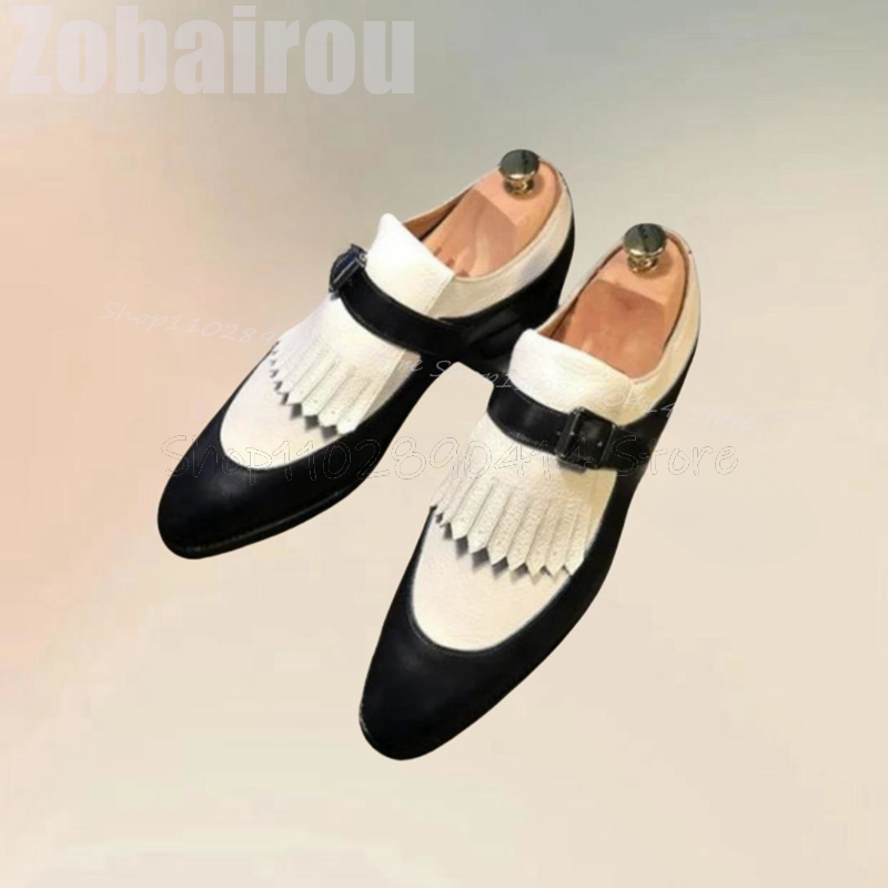 Men'S Shoes Black And White - Black White Tassels Buckle Decor Men