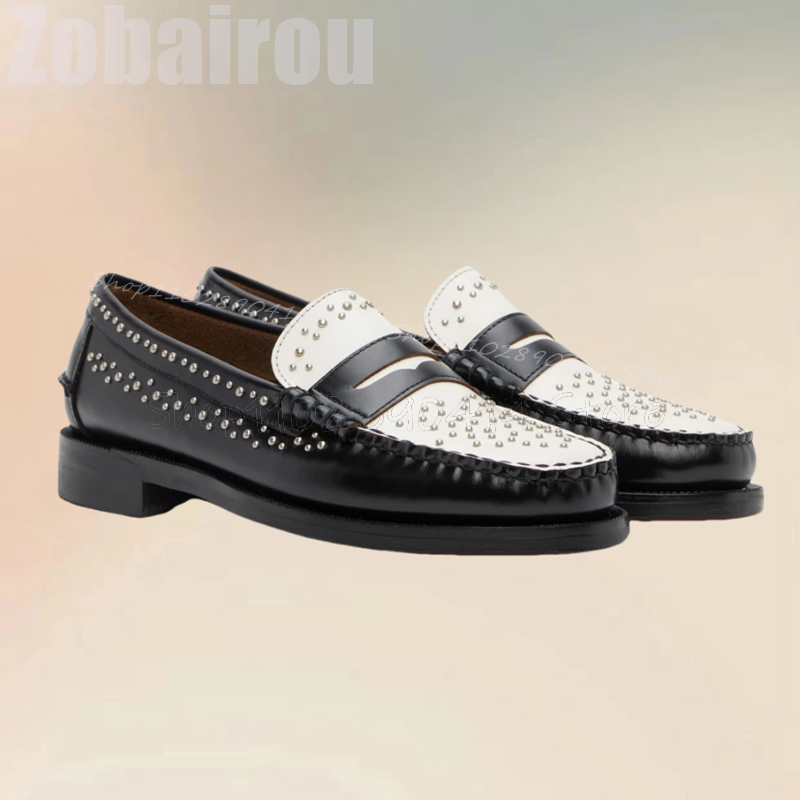 Men'S Shoes Black And White - Black White Pleated Design Rivets Decor